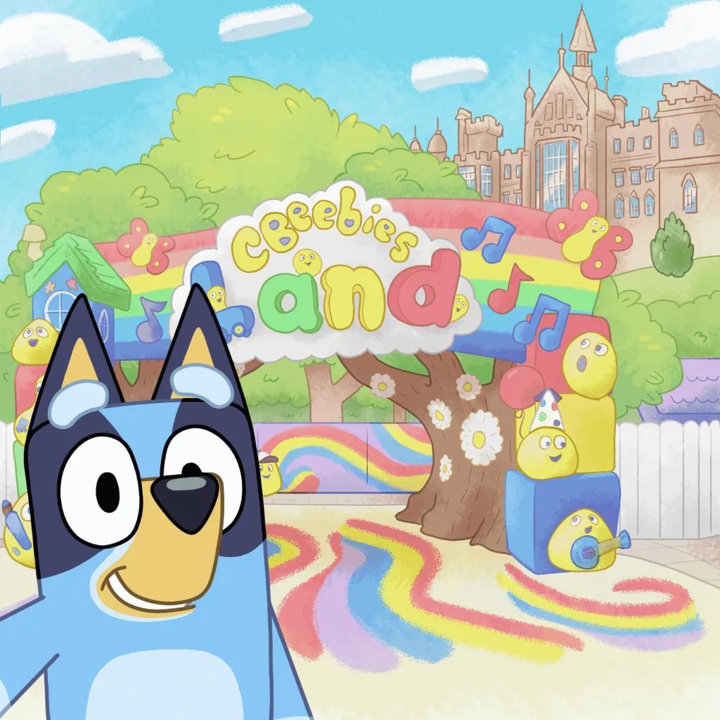 Sketch of Bluey the character in front of CBeebies Land rainbow sign and Alton Towers manor house