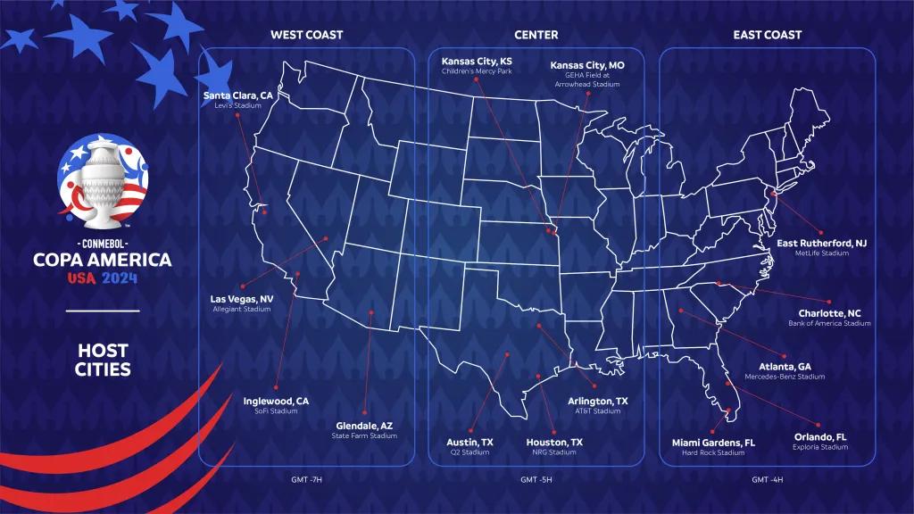 A map of the USA labelling the football stadiums hosting games in the 2024 Copa America championship
