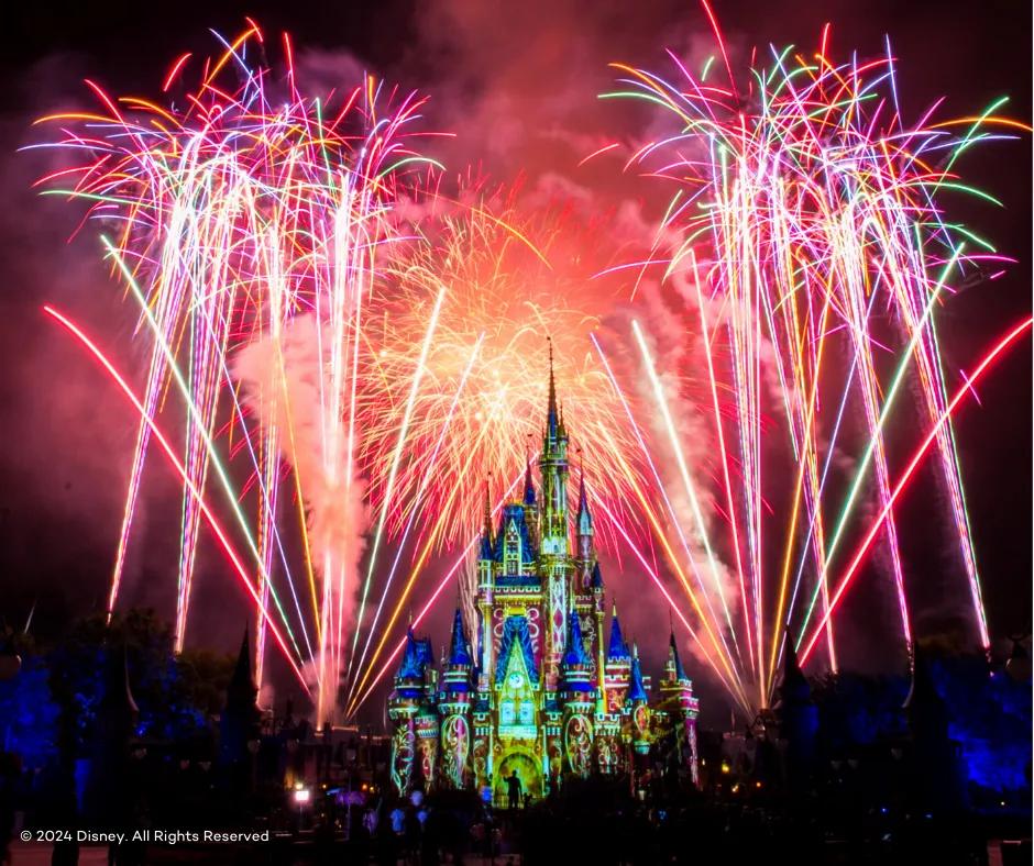 Fireworks launched around and behind Cinderella's Castle at Walt Disney World Resort in Florida