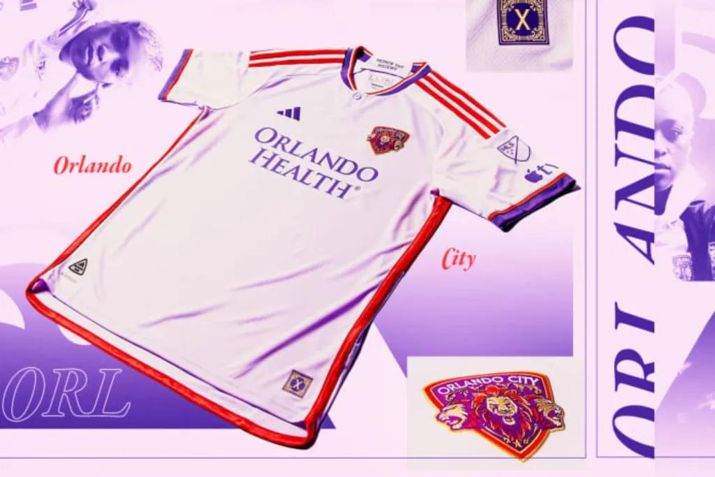 A mock-up of a football shirt. It is white with red stripes on the shoulders and Orlando Health written across the front