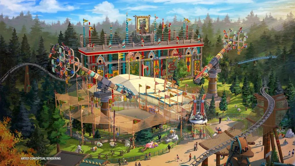 Concept art of two spinning rides in a How To Train Your Dragon themed land