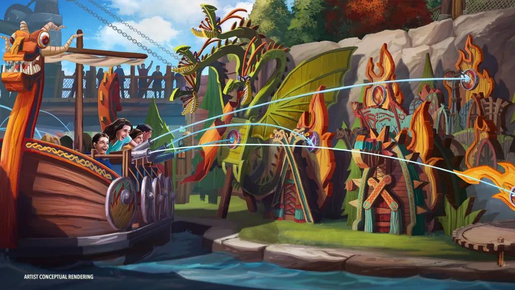 Guests on a viking boat shooting water at flame-shaped targets