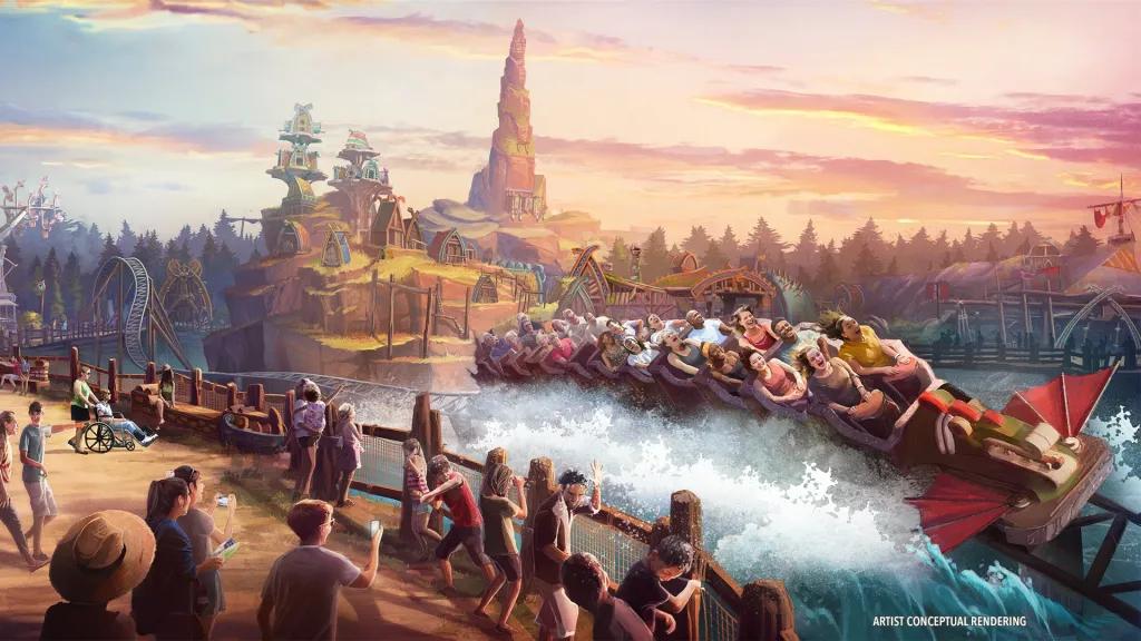 Concept art of a How To Train Your Dragon themed rollercoaster gliding across a lagoon