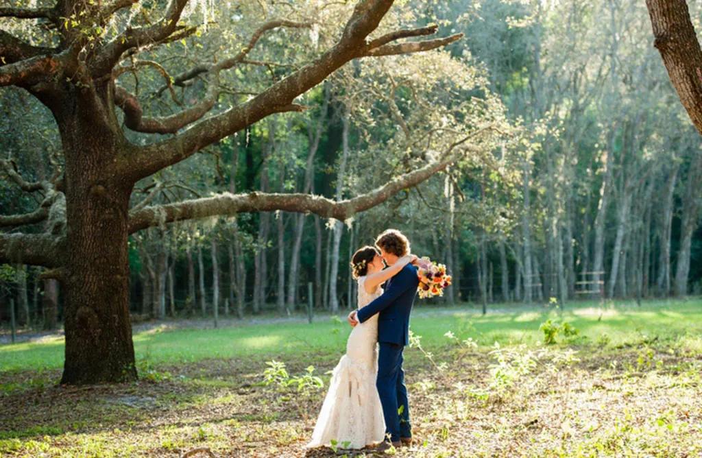 A bride and groom kissing each other while standing underneath a large tree