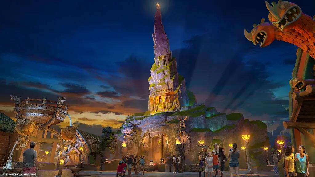 Concept art of the 'mead hall' at How To Train Your Dragon - Isle of Berk