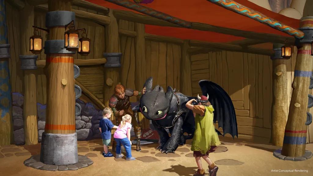 Concept art of two children meeting Hiccup and Toothless at Epic Universe