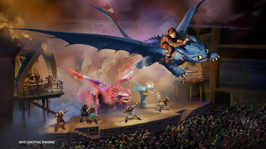 Concept art of people in a theatre watching a How To train Your Dragon show