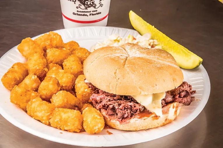 Paper white plate with tater tots on and a burger bun with pulled pork/beef inside with a white sauce. In the background there is a white cup.