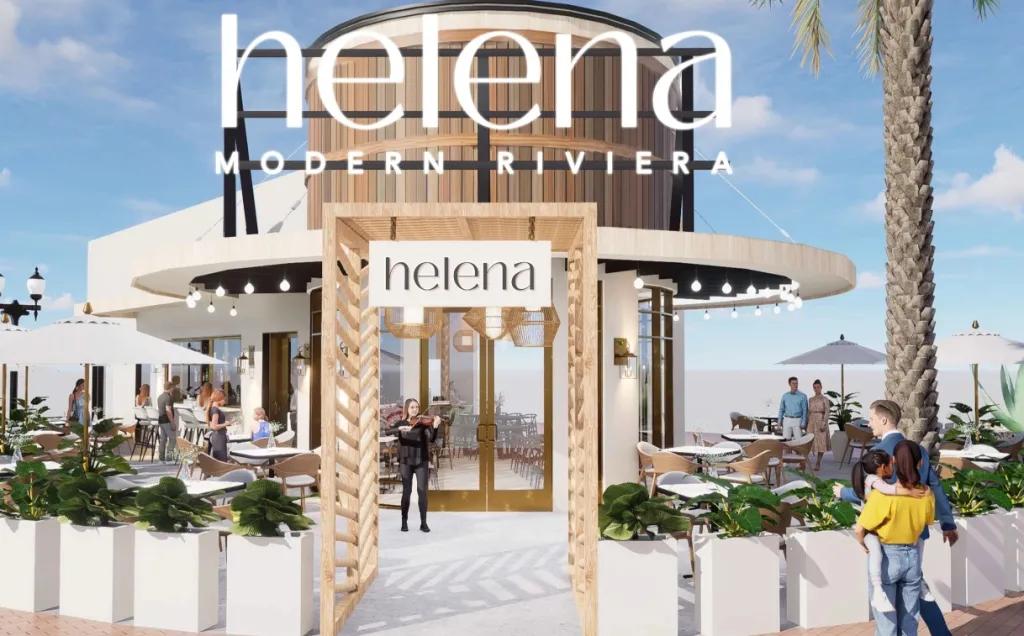 A white building with wooden panels on top floor, circular walls with lights and a white sign which says "Helena Modern Riviera". Surrounding the building there are square plant pots and umberella's.