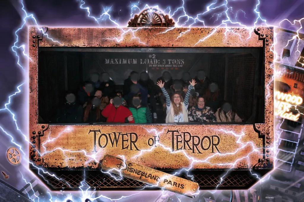 A ride photo of people screaming on Tower of Terror