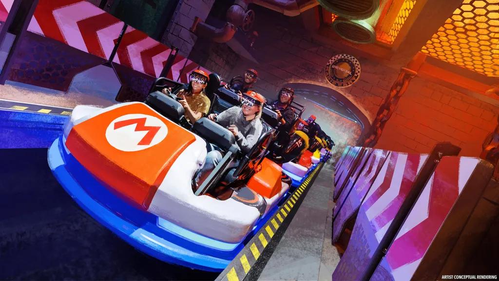 Concept art of people in a Mario Kart vehicle wearing augmented reality glasses