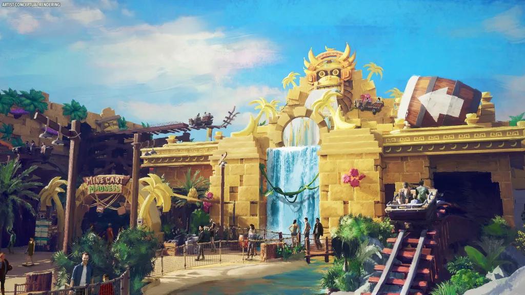 Concept art of a golden temple with a waterfall and a mine-kart themed ride vehicle
