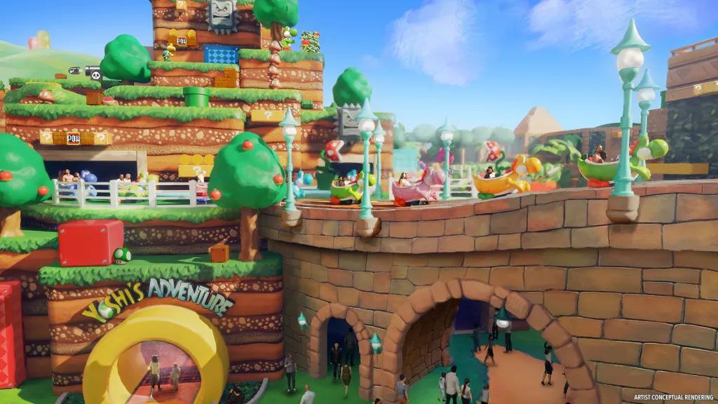 Concept art of people in Yoshi-shaped ride vehicles moving through a Mario themed land