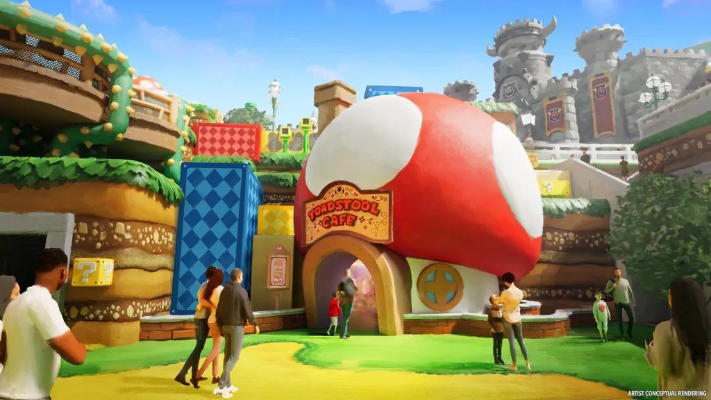 Concept art of a restaurant entrance shaped like a toadstool