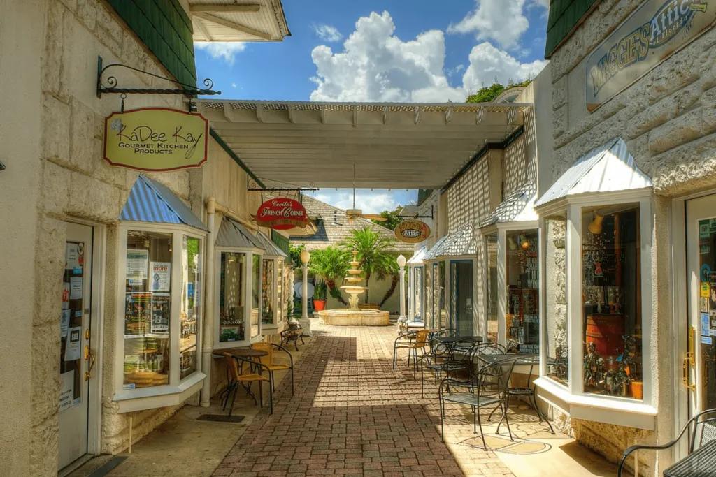 A quiet street lined with boutique shops and restaurants