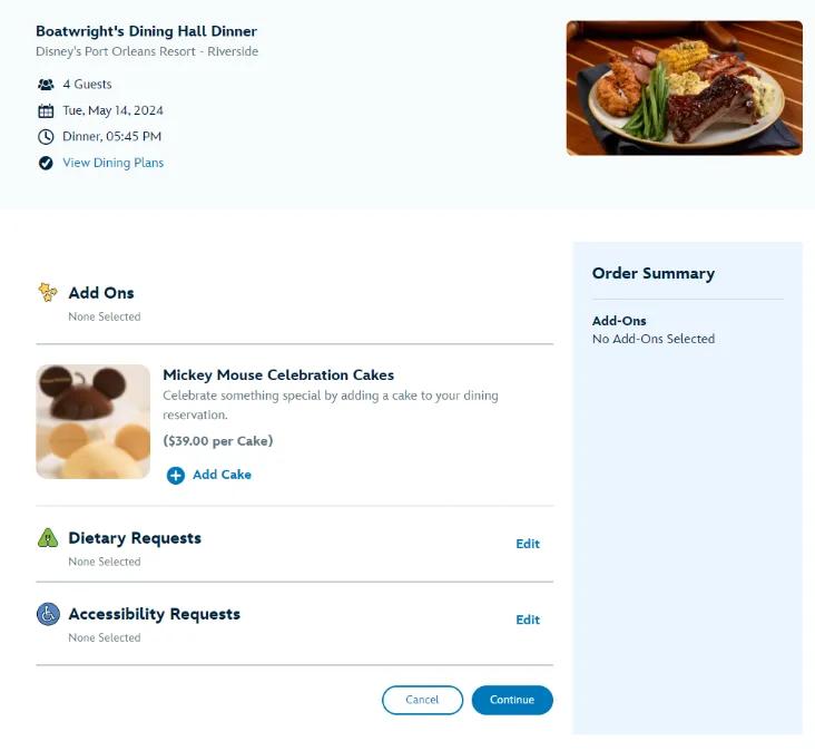A screenshot of a page confirming a dining reservation