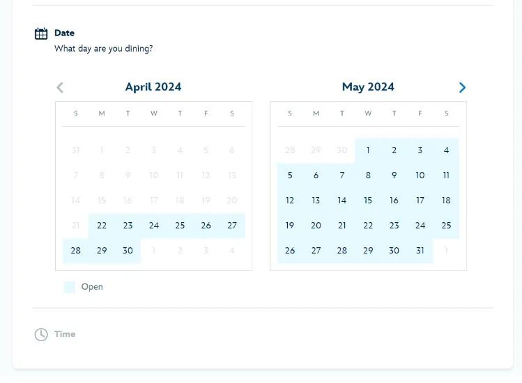 A screenshot of a page to choose the date of your dining reservation