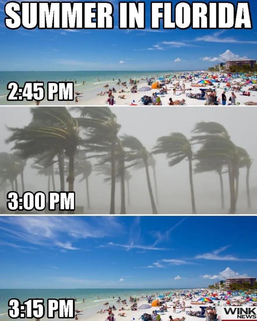 Florida summer weather meme about the weather changing from rain to sun