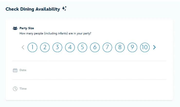 A screenshot of a page to choose how many people will be on your dining reservation