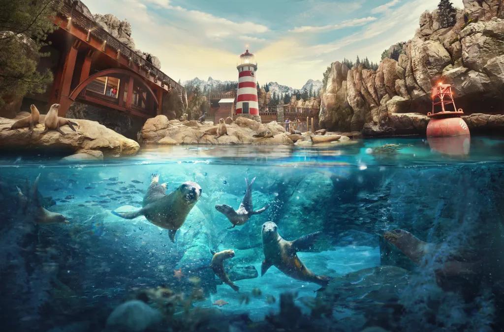 Image of sealions and fish swimming in clear blue water around coral reefs and half the image above water showing the large rocks surrounding the pool, the white and red lighthouse and a large red bridge.