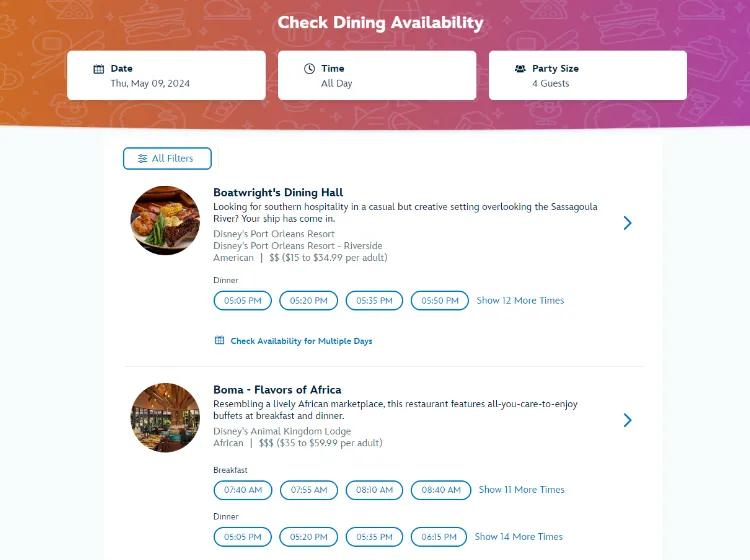 A screenshot of a page to choose which restaurant you would like to book
