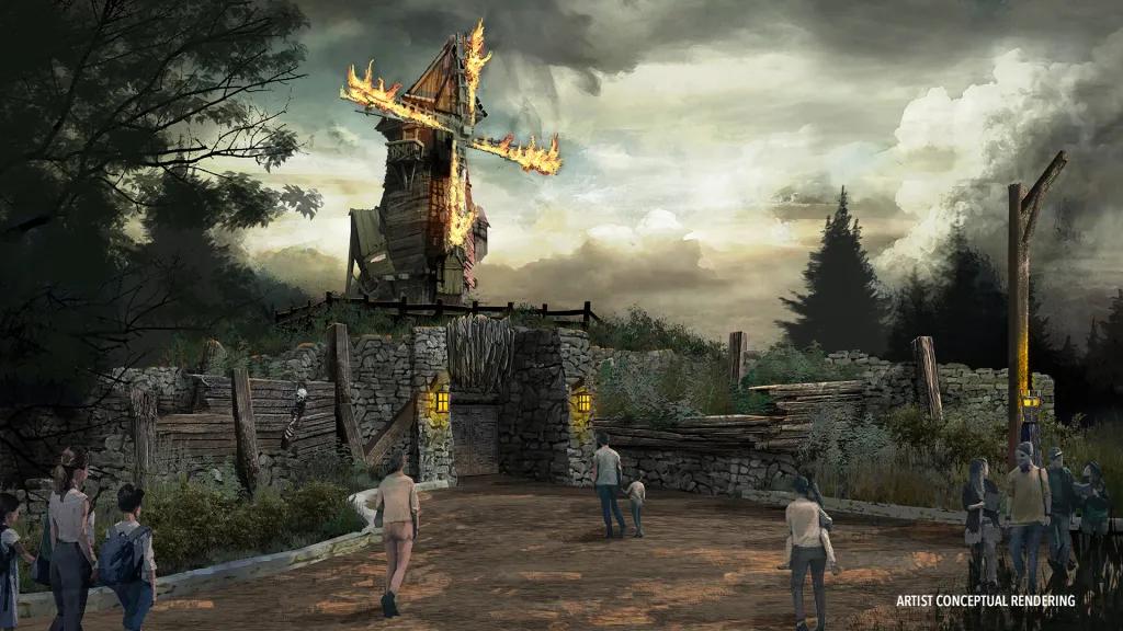 Concept art of people walking towards a windmill with burning blades