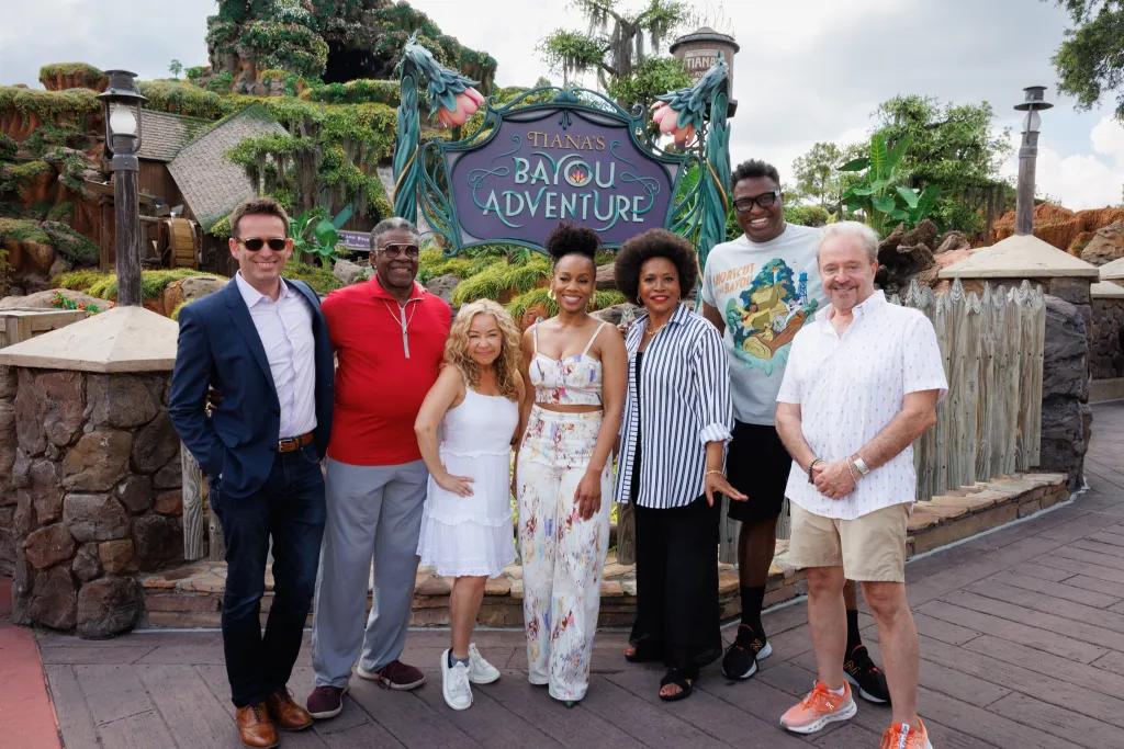 The cast of The Princess and the Frog outside Tiana's Bayou Adventure