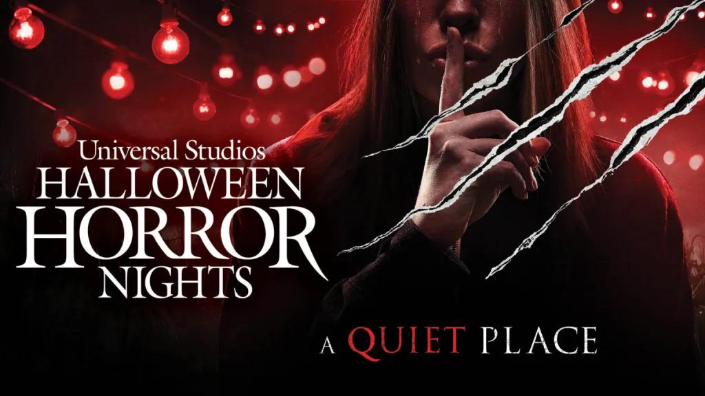 A girl standing with her finger over her lips behind claw marks, next to the words Universal Studios Halloween Horror Nights