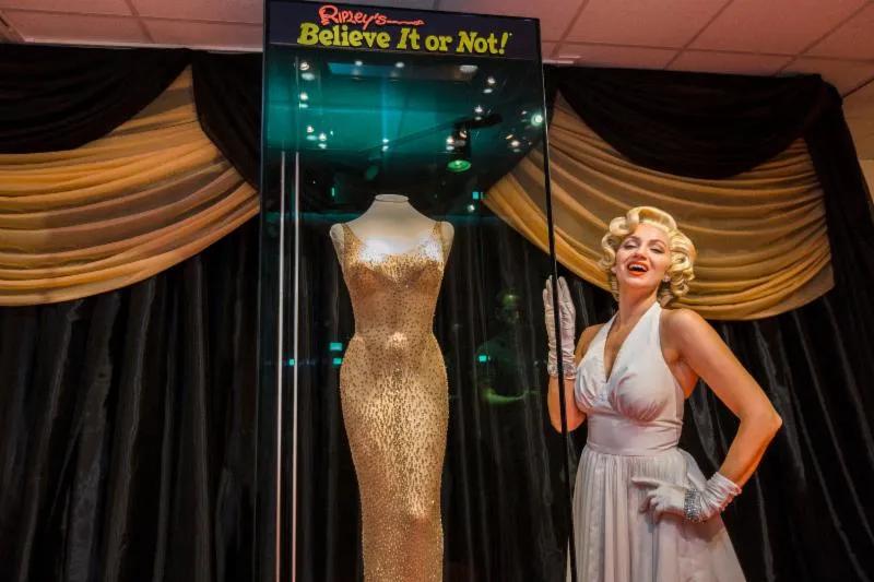 There is a glass case in front of a large grand black and gold curtain. In the glass case is an iconic dress worn by Marilyn Monroe which is nude coloured and full length with diamonds encrusted on it. Next to the dress is a woman dresses as Marilyn Monroe, with a white iconic halter neck dress, white gloves and blonde hair in tight curls.