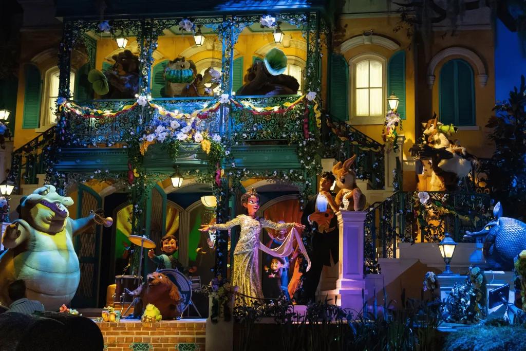 Animatronics of Princess and the Frog characters having a Mardi Gras party