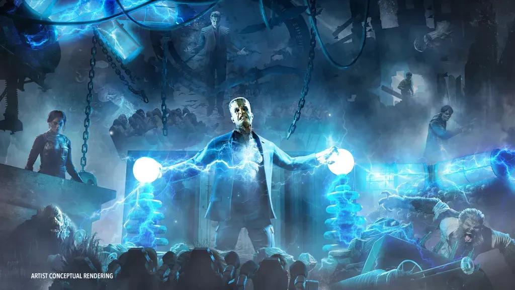 Konzeptzeichnung einer Universal Monsters Themenfahrt mit Frankensteins Monster und Dracula