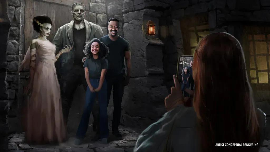 Konzeptgrafik einer Familie, die Frankensteins Monster und die Braut von Frankenstein trifft