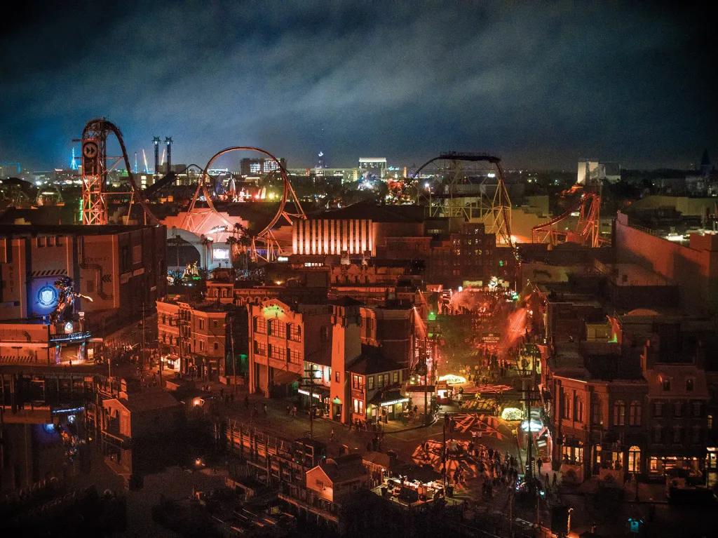 An aerial view of Universal Studios Florida during Halloween Horror Nights