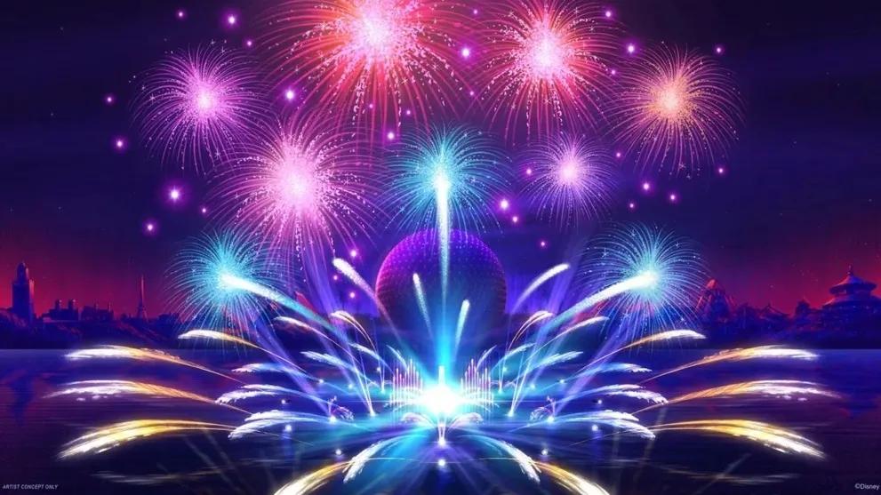 Fireworks blasting off of lake in front of golf ball shaped building and bursting in the sky. There are many colours: turquoise, pink, orange, yellow and blue.