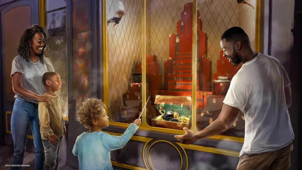 Concept art of a family using an interactive wand in The Wizarding World fo Harry Potter