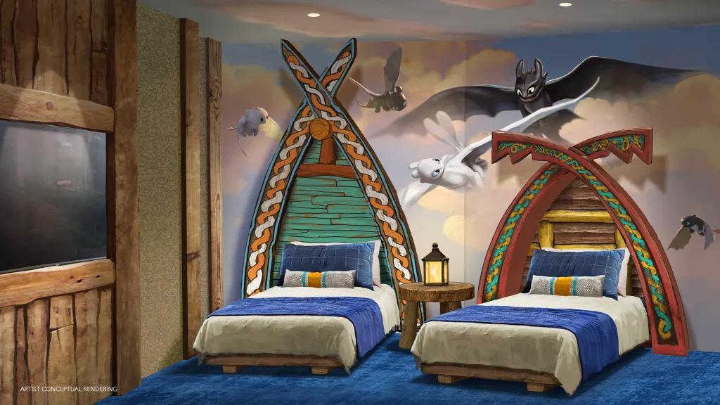 Two single beds in room with large wooden shack shaped dashboards. There is a tv on a wooden coloured wall. The background behind the beds is a sky coloured wall paper with dragons flying through the sky. On the wooden table there is an old fashioned lamp which is black and has a fake candle inside.