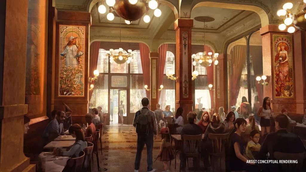 Concept art of a restaurant with chandeliers and marble architecture