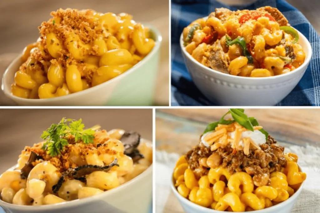Picture collage of four different mac and cheese portions in white bowls: one plain, one with green jalapenos, one with truffles and a last one with beef.