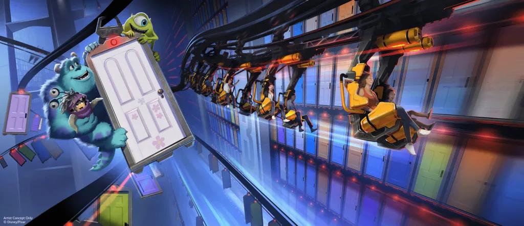 Concept art of a Monsters Inc themed suspended roller coaster