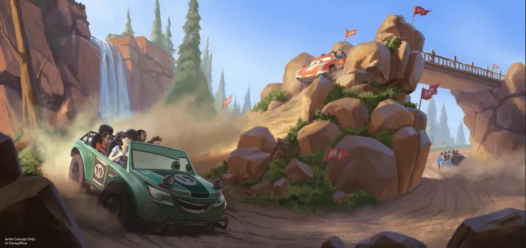 Concept art of a new Cars-themed attraction set in a rocky canyon