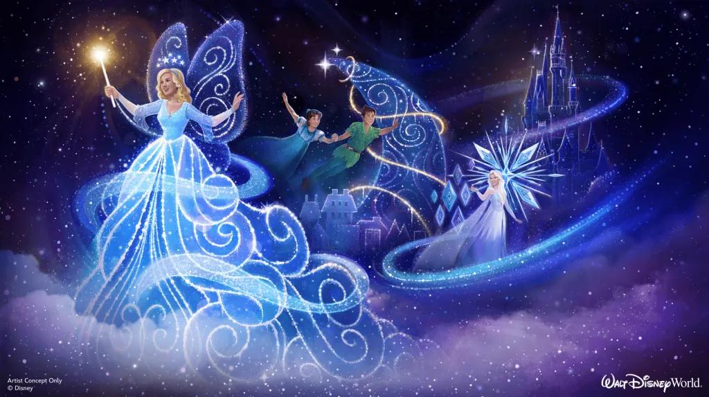 Concept art of the blue Fairy, Peter Pan and Wendy, and Elsa in a new nighttime parade
