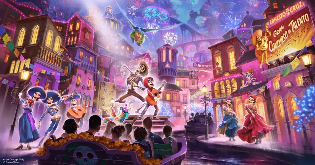 Concept art of guests on a new coco-themed boat ride