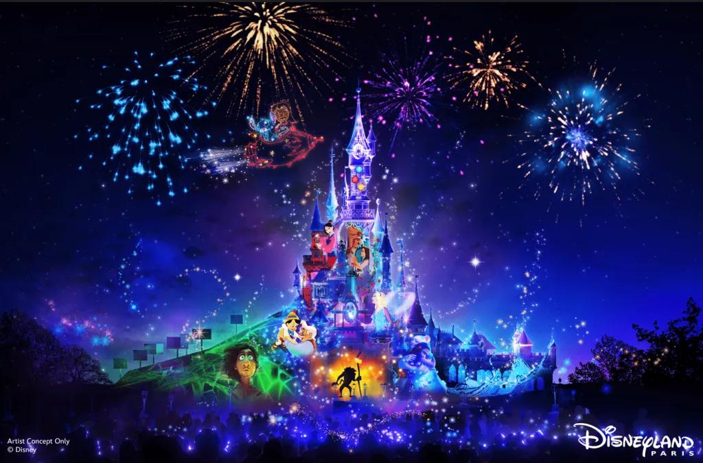 Concept art of Sleeping Beauty Castle at Disneyland Paris with fireworks and colourful projections