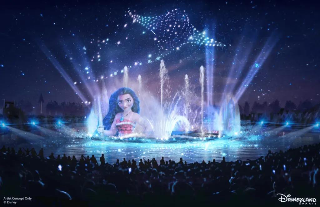 Concept art of a projection and drone show on a round lake