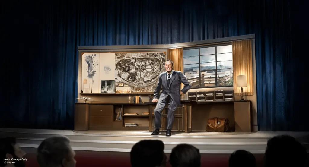 Concept art of an audio-animatronic of Walt Disney talking to an audience from a stage