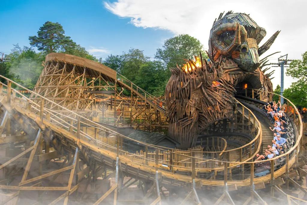 A wooden rollercoaster themed to the Wicker Man