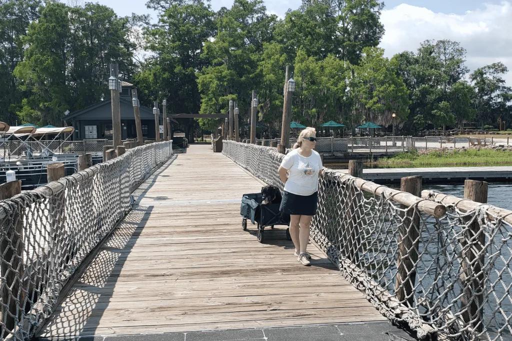 Woman stood on wooden pier next to lots of small boats looking out at the lake. She is pulling along a cart with a dog in.