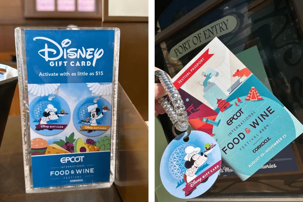 A sign with information about Disney gift cards next to a Disney gift card being held up with a Food and Wine Festival passport