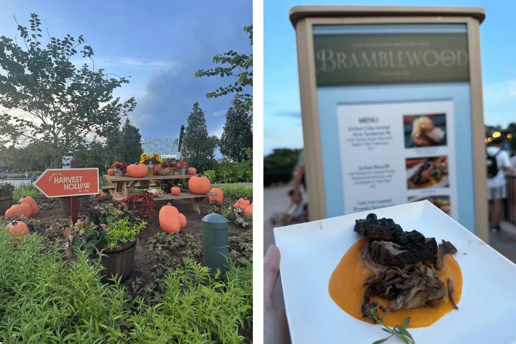 A pumpkin patch with a sign reading Harvest Hollow and a plate of food held up in front of a sign reading Bramblewood