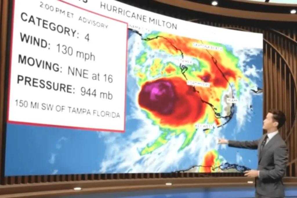 Weather man stood in front of a screen showing the size of hurricane Milton. It also shows the statistics including category 4, wind 130 mph as well as the direction it is moving and the pressure.